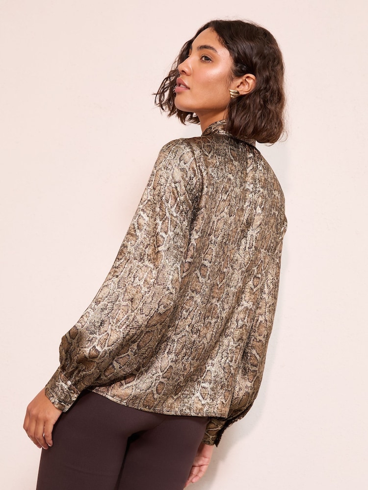 Friends Like These Metallic Snake Print Long Sleeve Tie Neck Blouse - Image 2 of 5