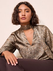 Friends Like These Metallic Snake Print Long Sleeve Tie Neck Blouse - Image 4 of 5