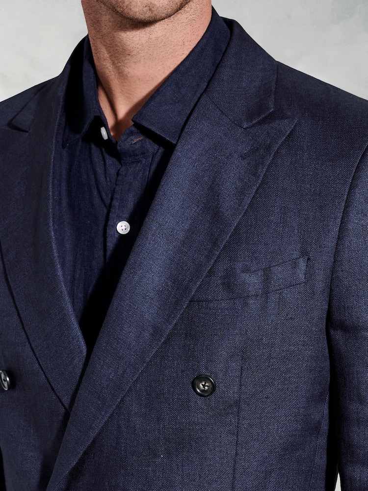 Brook Taverner Blue 100% Linen DB Peak Jacket - Image 3 of 5