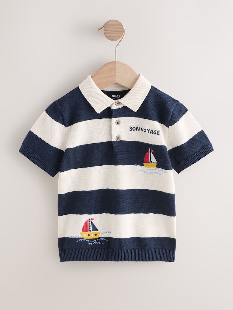 Navy Blue Boat Character Button Neck Knitted Polo Shirt (3mths-7yrs) - Image 1 of 3