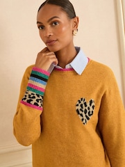 Love & Roses Yellow Animal Print Heart Crew Neck Cosy Jumper - Image 2 of 4