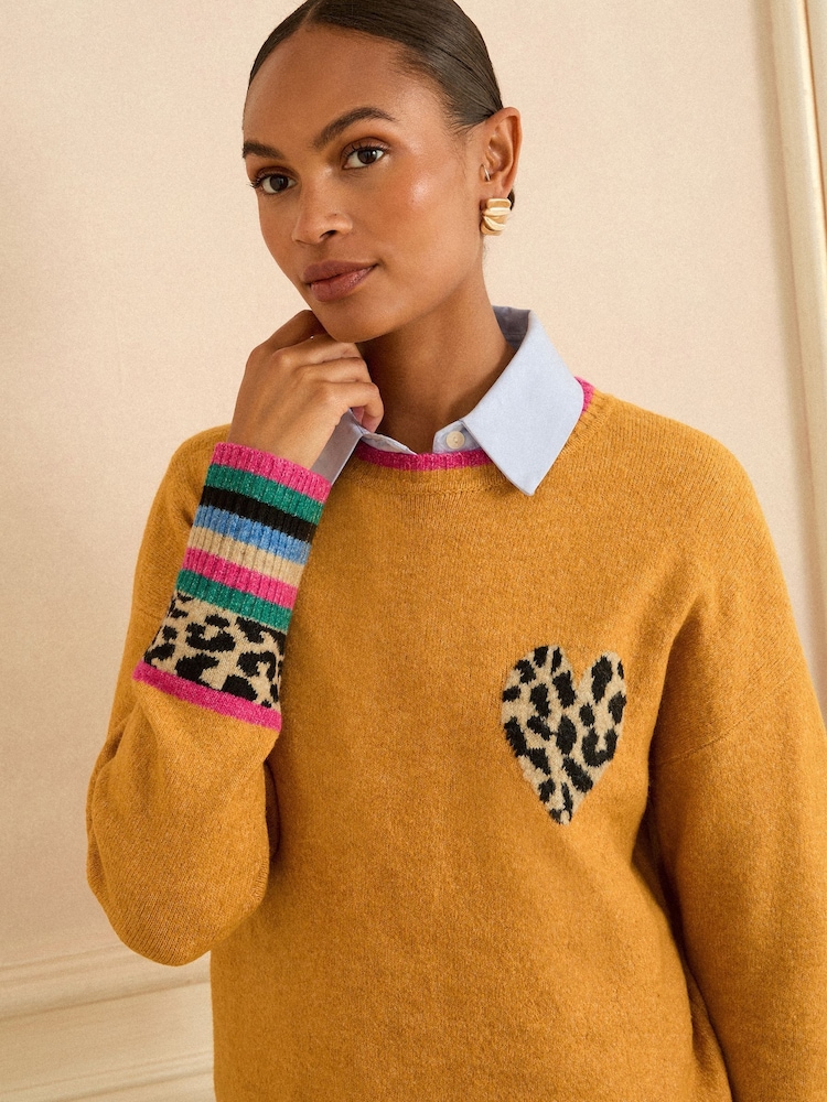 Love & Roses Yellow Animal Print Heart Crew Neck Cosy Jumper - Image 2 of 4