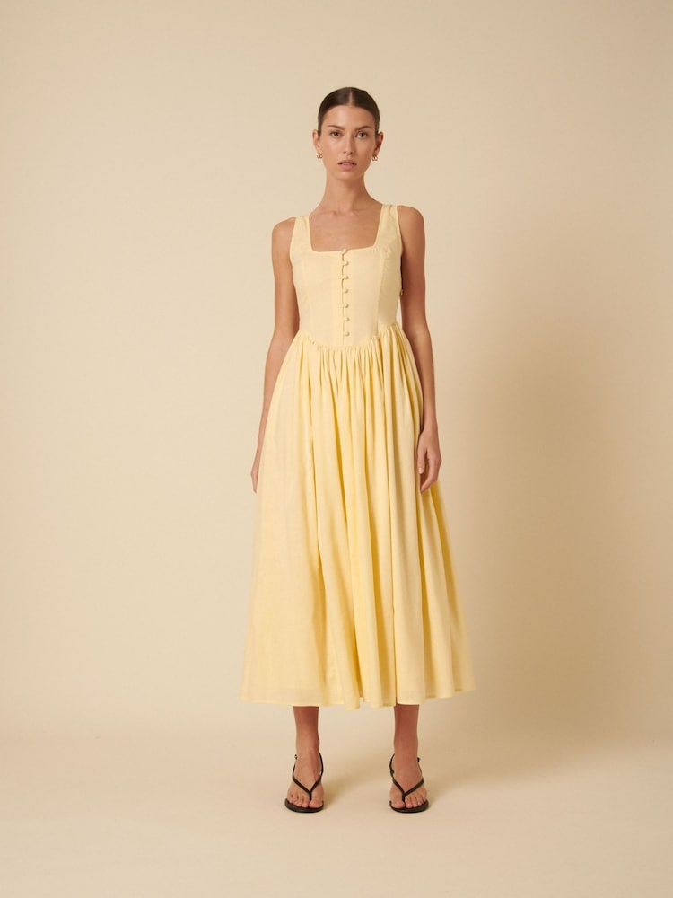 Nobodys Child Yellow Linen Blend Cora Square Neck Midi Dress - Image 1 of 4