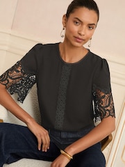 Love & Roses Black Crew Neck Lace Short Sleeve Blouse - Image 1 of 4