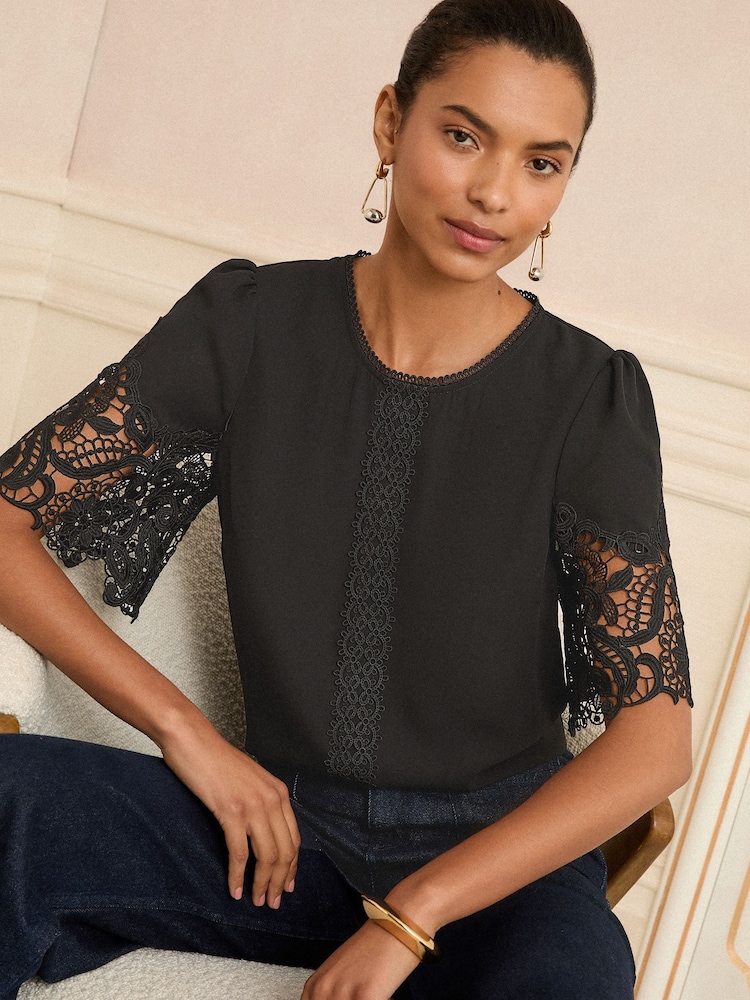 Love & Roses Black Crew Neck Lace Short Sleeve Blouse - Image 1 of 4