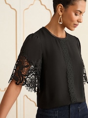 Love & Roses Black Crew Neck Lace Short Sleeve Blouse - Image 2 of 4