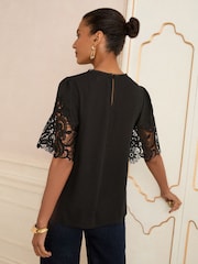 Love & Roses Black Crew Neck Lace Short Sleeve Blouse - Image 4 of 4