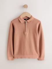 Rust Brown Long Sleeve Zip Neck Knitted Polo Shirt (3-16yrs) - Image 1 of 4