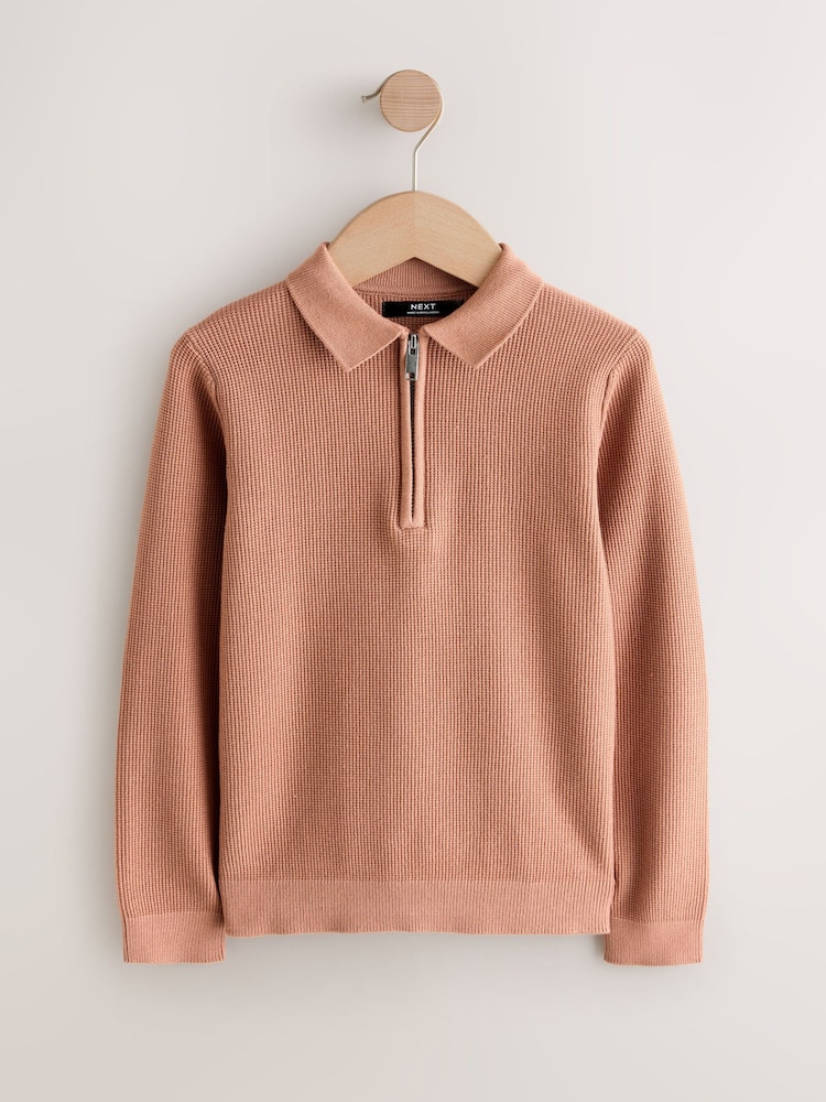 Rust Brown Long Sleeve Zip Neck Knitted Polo Shirt (3-16yrs) - Image 1 of 4 Rust Brown Long Sleeve Zip Neck Knitted Polo Shirt (3-16yrs) - Image 1 of 4