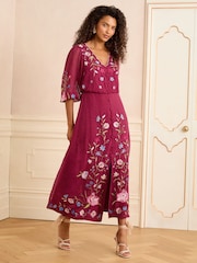 Love & Roses Berry Red Embroidered Dobby Scallop Neck 3/4 Sleeve Midi Dress - Image 1 of 5