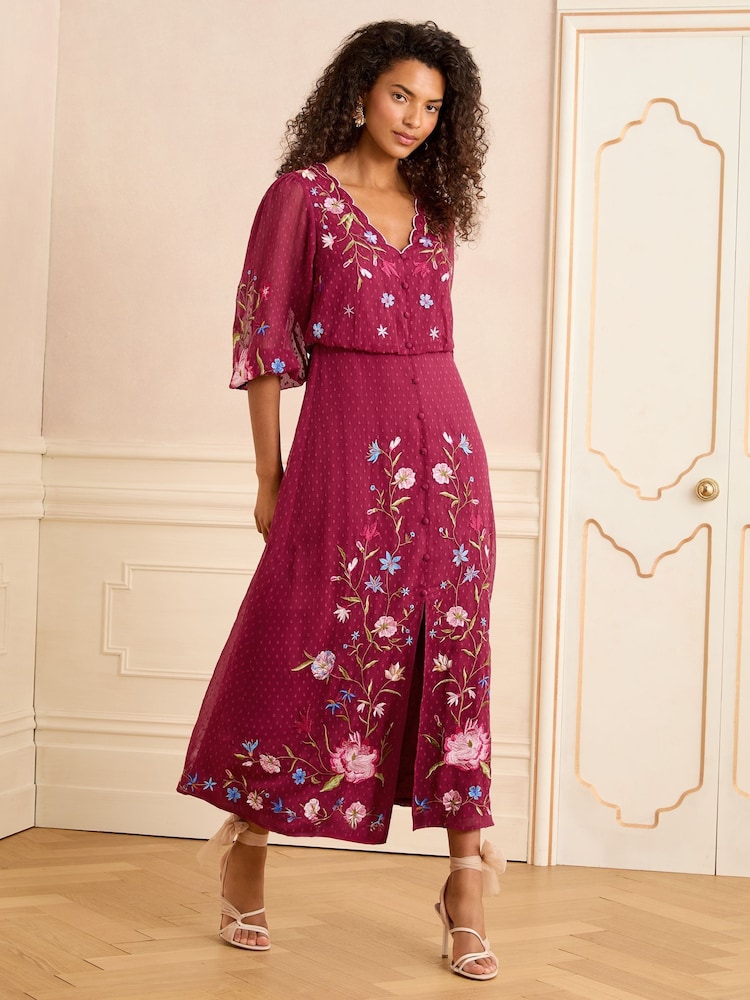 Love & Roses Berry Red Embroidered Dobby Scallop Neck 3/4 Sleeve Midi Dress - Image 1 of 5