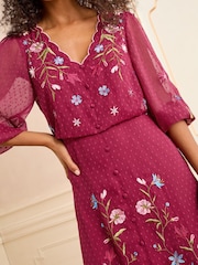 Love & Roses Berry Red Embroidered Dobby Scallop Neck 3/4 Sleeve Midi Dress - Image 2 of 5