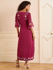 Love & Roses Berry Red Embroidered Dobby Scallop Neck 3/4 Sleeve Midi Dress - Image 3 of 5