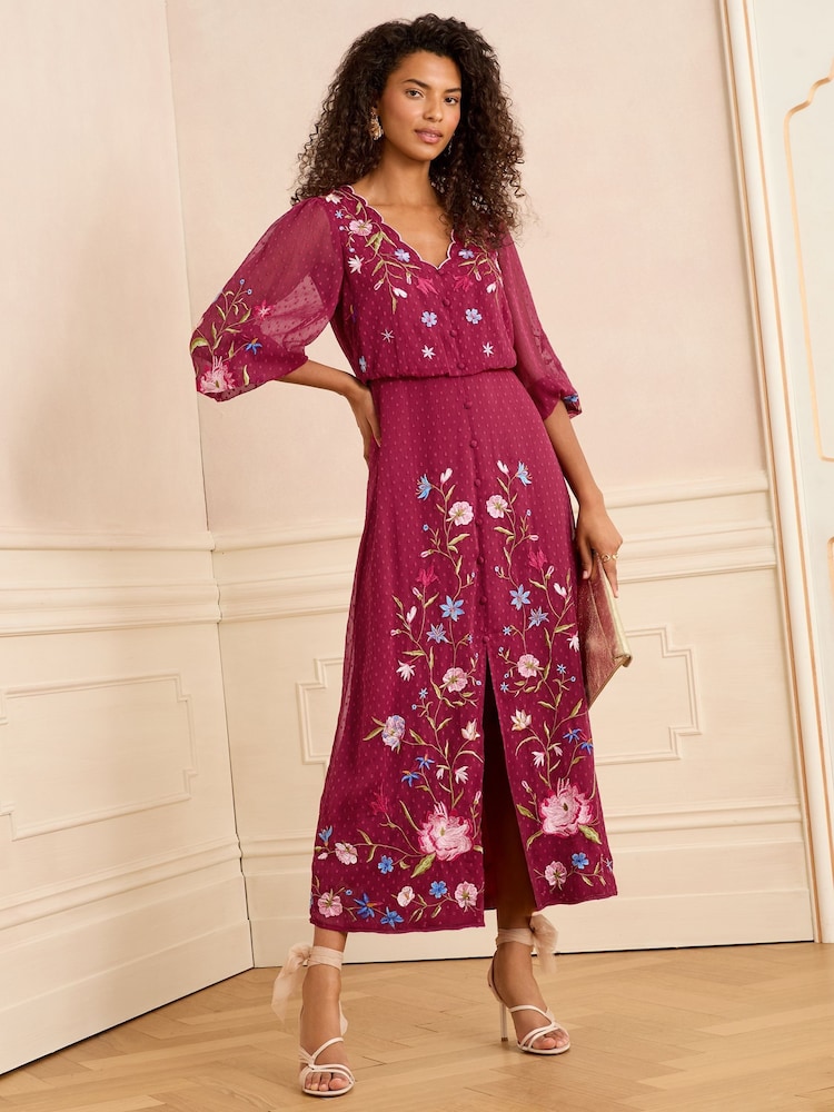 Love & Roses Berry Red Embroidered Dobby Scallop Neck 3/4 Sleeve Midi Dress - Image 5 of 5