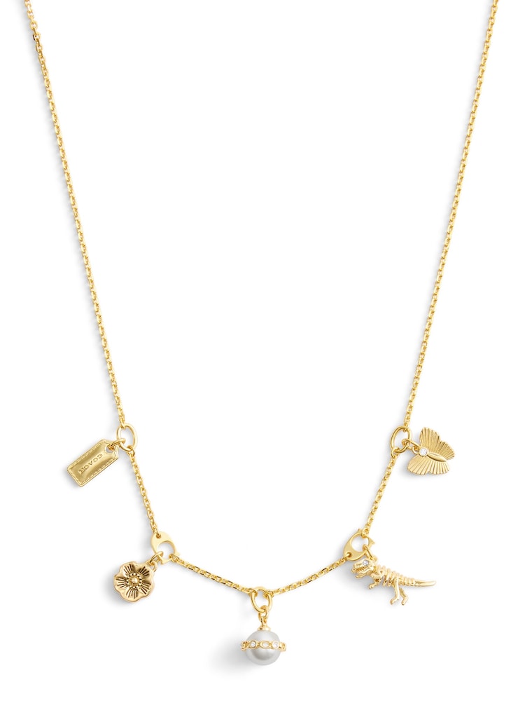 COACH Gold Tone Signature Heritage Pearl Mixed Charm Bib Necklace - Image 2 of 4 COACH Gold Tone Signature Heritage Pearl Mixed Charm Bib Necklace - Image 2 of 4