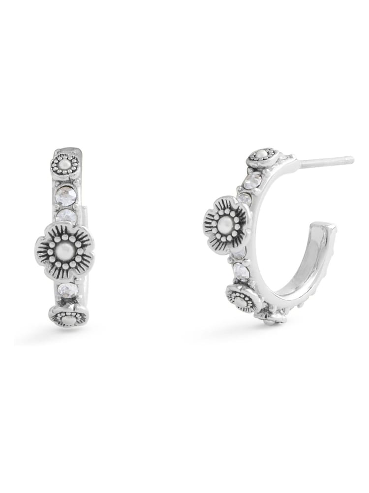 COACH Silver Tone Signature Tea Rose Huggie Earrings - Image 1 of 3