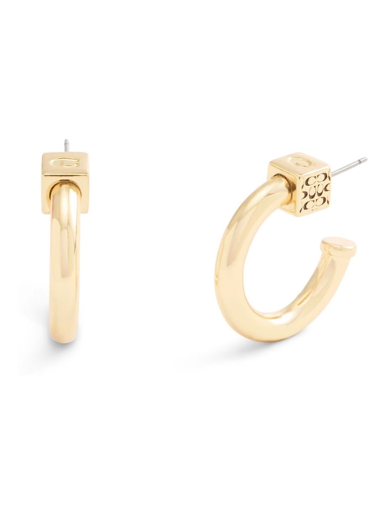 COACH Gold Tone Signature Quilted Cube Chubby Hoop Earrings - Image 1 of 3