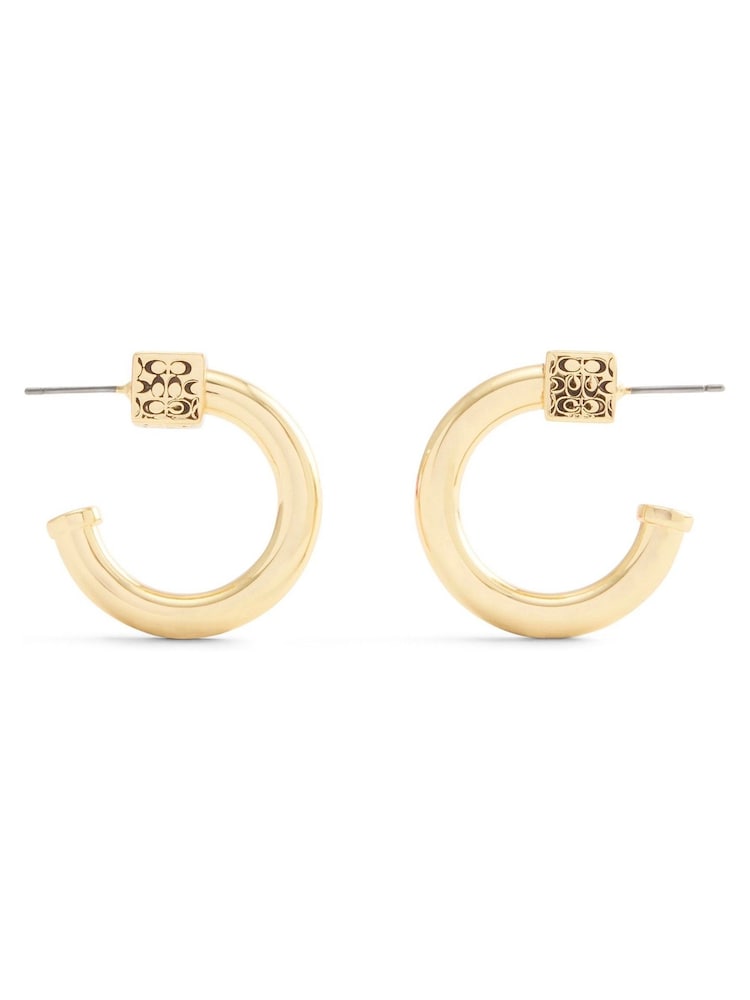 COACH Gold Tone Signature Quilted Cube Chubby Hoop Earrings - Image 2 of 3