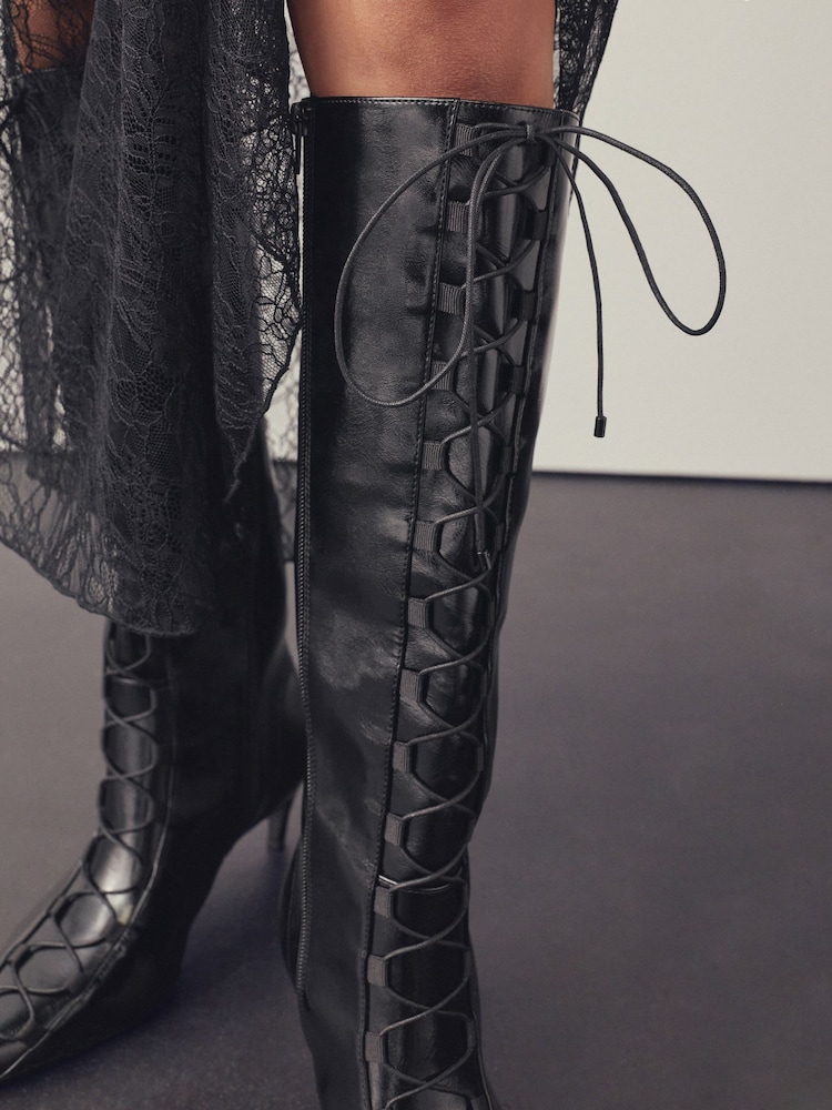 Buy Black Forever Comfort® Knee High Lace Up Corset Boots  display picture 2