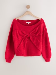 Cherry Red Off Shoulder Bow Jumper With Sequins - Image 1 of 3