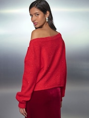 Barva češnje - Pulover s pentljo z odkritimi rameni in bleščicami - Slika 4 iz 8