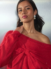 Barva češnje - Pulover s pentljo z odkritimi rameni in bleščicami - Slika 5 iz 8