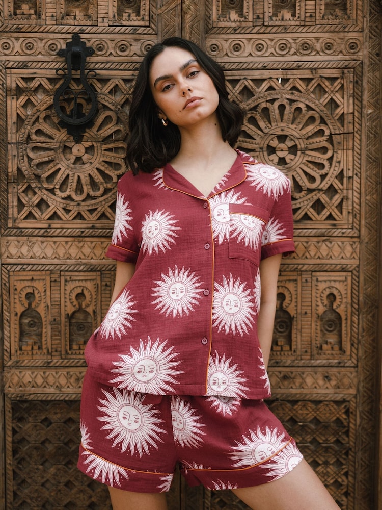Chelsea Peers Red 100% Cotton Cheesecloth Bohemian Sun Print Short Pyjamas Set - Image 2 of 5 Chelsea Peers Red 100% Cotton Cheesecloth Bohemian Sun Print Short Pyjamas Set - Image 2 of 5