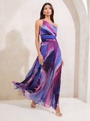 Lipsy Purple Petite One Shoulder Marble Printed Chiffon Maxi Dress - Image 1 of 4