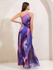 Lipsy Purple Petite One Shoulder Marble Printed Chiffon Maxi Dress - Image 3 of 4