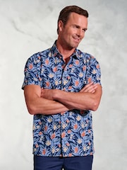 Brook Taverner Blue Tropical Print 100% Cotton Shirt - Image 1 of 4