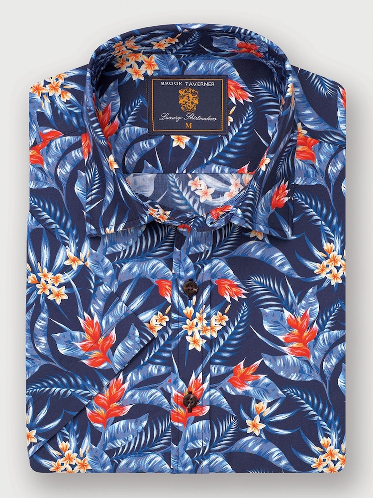 Brook Taverner Blue Tropical Print 100% Cotton Shirt - Image 2 of 4