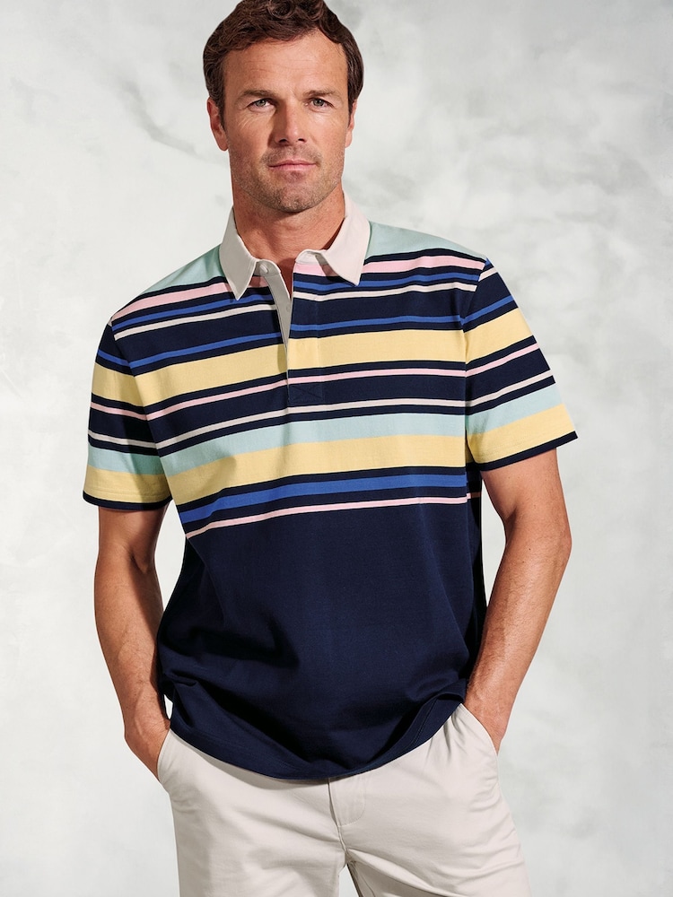 Brook Taverner Blue Placement Stripe Rugby 100% Cotton Polo Shirt - Image 1 of 3