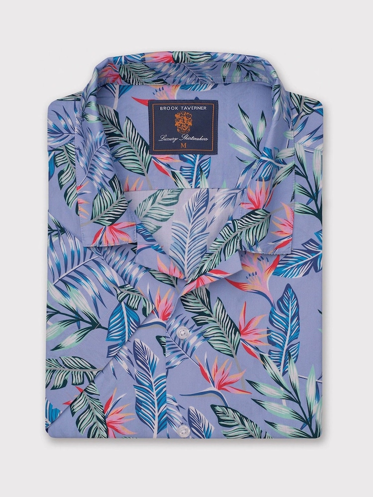 Brook Taverner Blue Tropical Revere 100% Cotton Shirt - Image 1 of 3