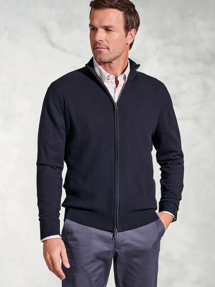 Brook Taverner Blue Ripple Stitch Zip Through 100% Cotton Cardigan - Image 1 of 3