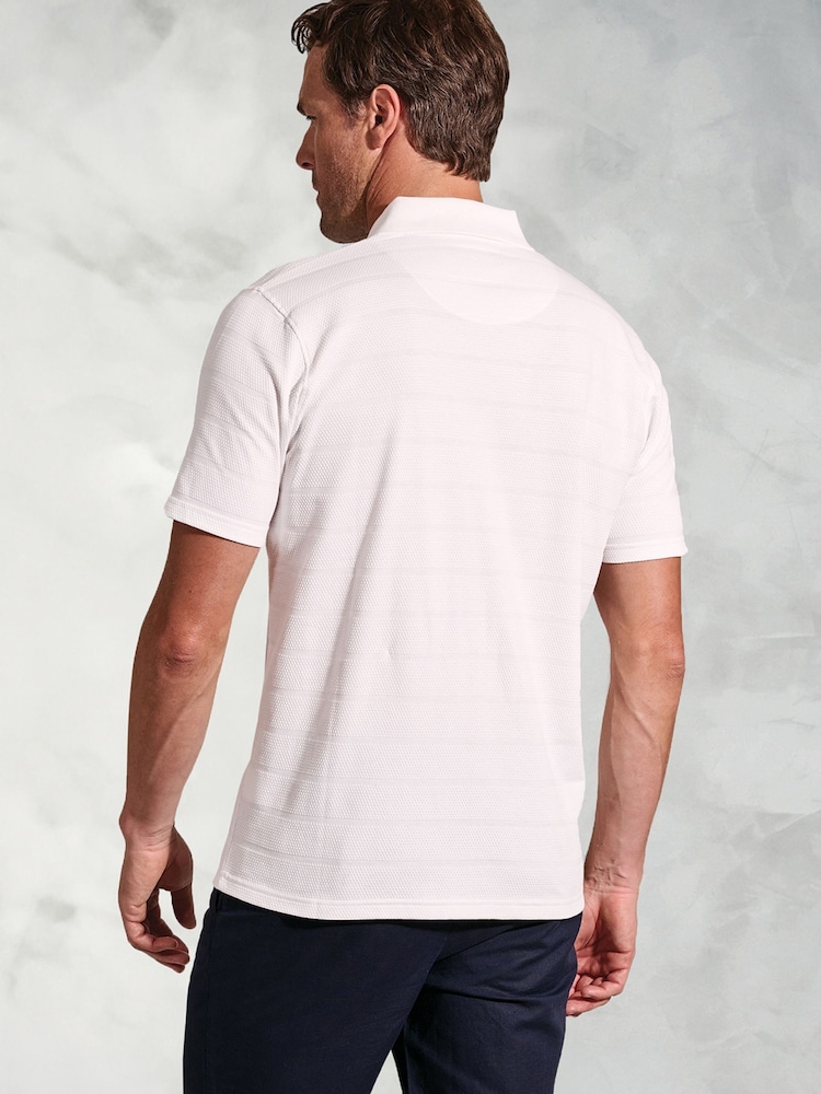 Brook Taverner White Popcorn Texture Stripe Zip Neck 100% Cotton Polo Shirt - Image 2 of 4