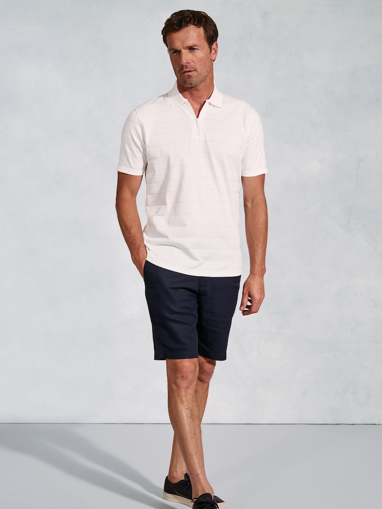 Brook Taverner White Popcorn Texture Stripe Zip Neck 100% Cotton Polo Shirt - Image 3 of 4