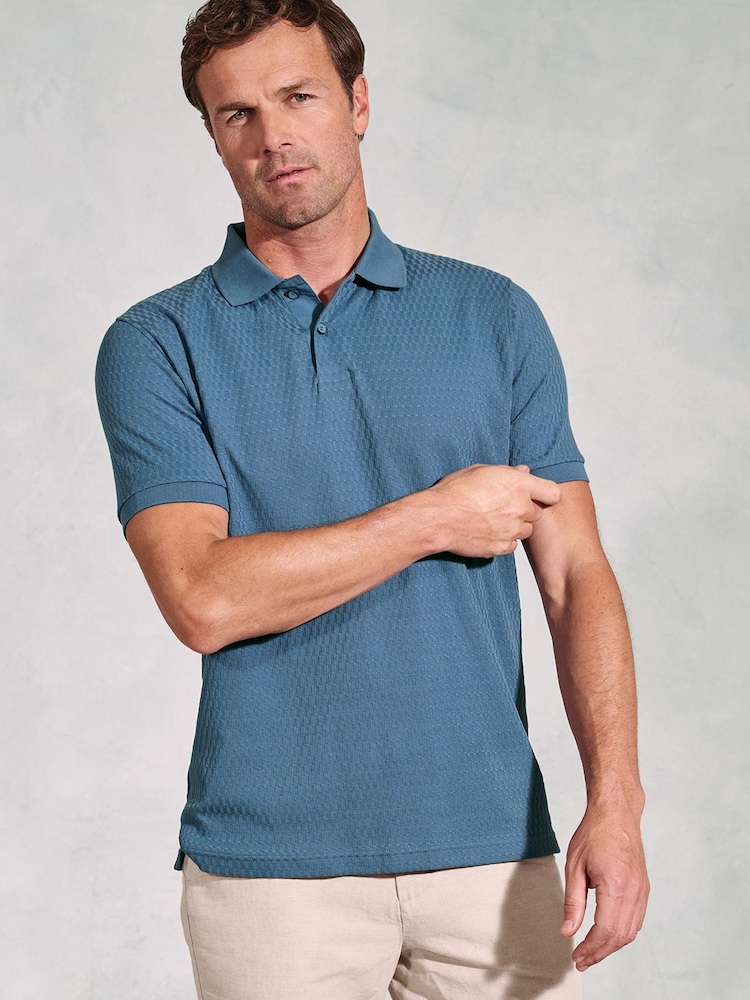 Brook Taverner Blue Brick Stitch Jacquard 100% Cotton Polo Shirt - Image 1 of 4