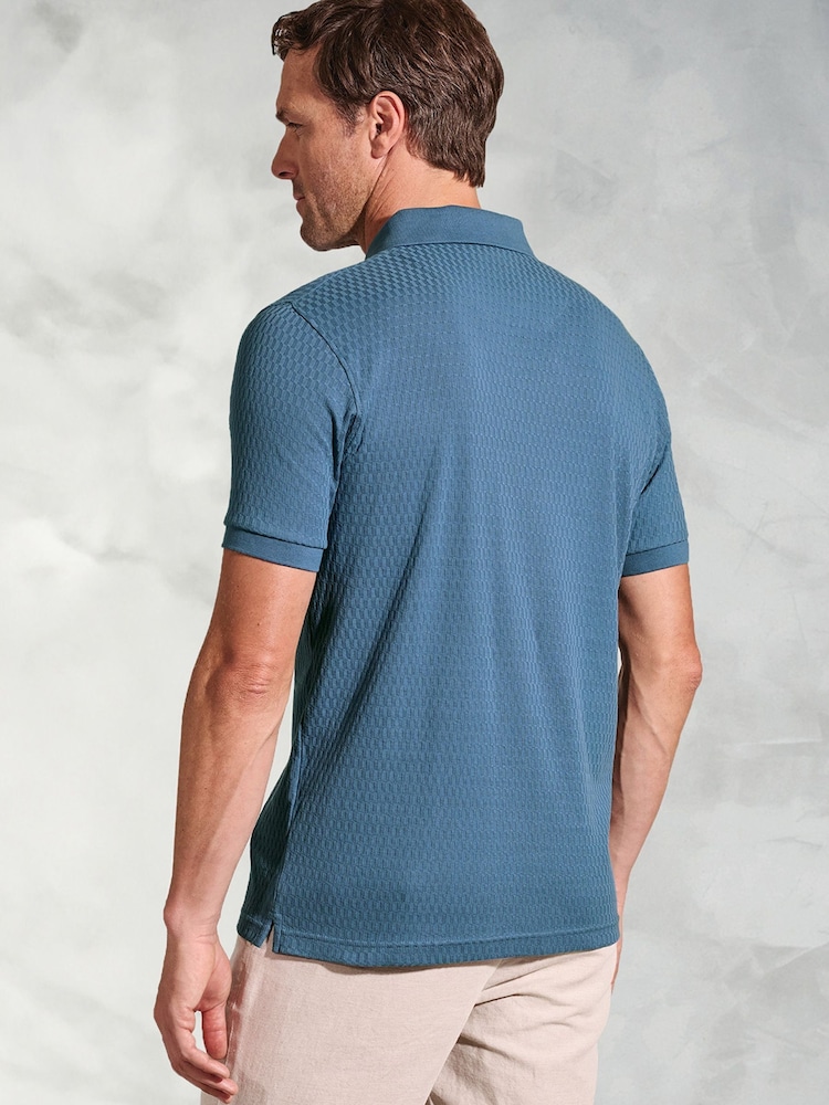 Brook Taverner Blue 100% Cotton Brick Stitch Jacquard Polo Shirt - Image 2 of 4 Brook Taverner Blue 100% Cotton Brick Stitch Jacquard Polo Shirt - Image 2 of 4