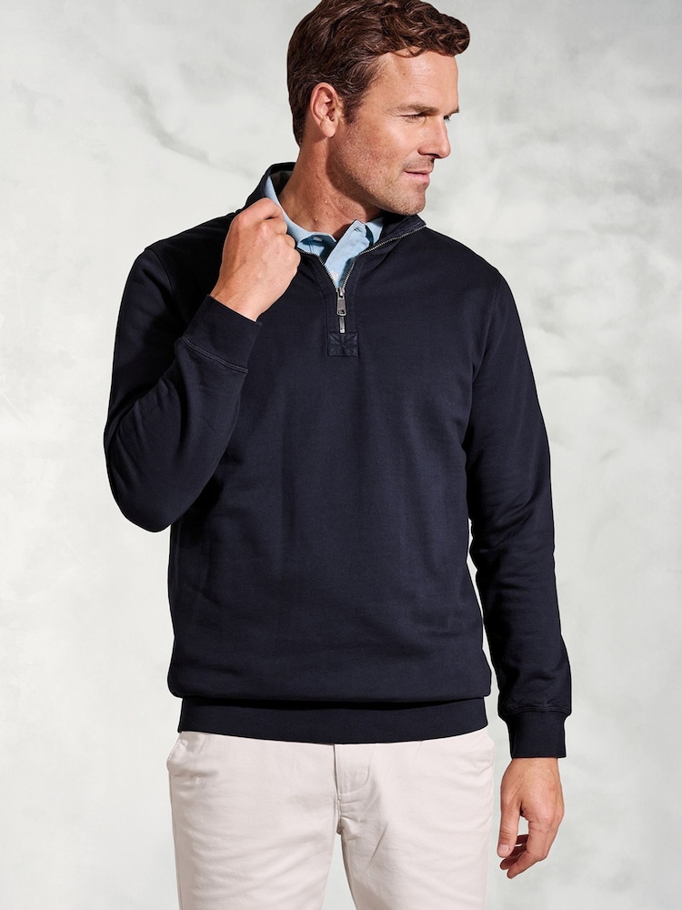 Brook Taverner Blue Garment Dye 1/4 Zip 100% Cotton Sweatshirt - Image 1 of 3