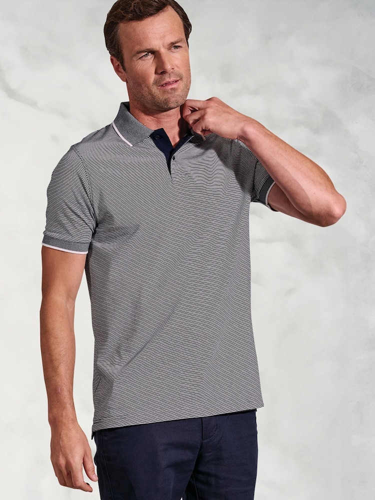 Brook Taverner Blue Light 100% Cotton Fine Striped Jersey Polo Shirt - Image 3 of 3