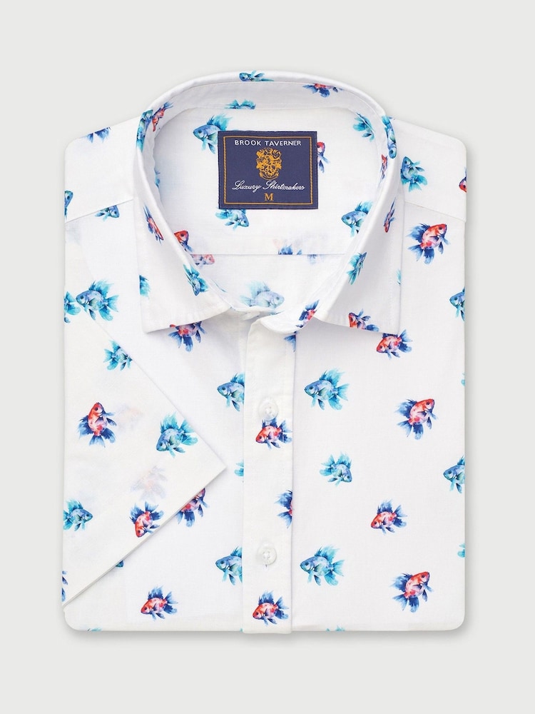 Brook Taverner Blue Fish Print 100% Cotton Shirt - Image 1 of 3