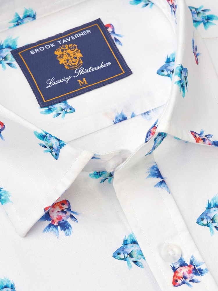 Brook Taverner Blue Fish Print 100% Cotton Shirt - Image 2 of 3