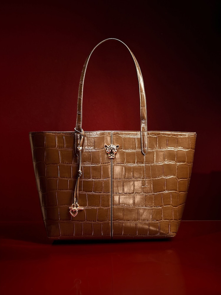 Lipsy Chocolate Brown Croc Effect Shopper Tote Bag - Image 1 of 5