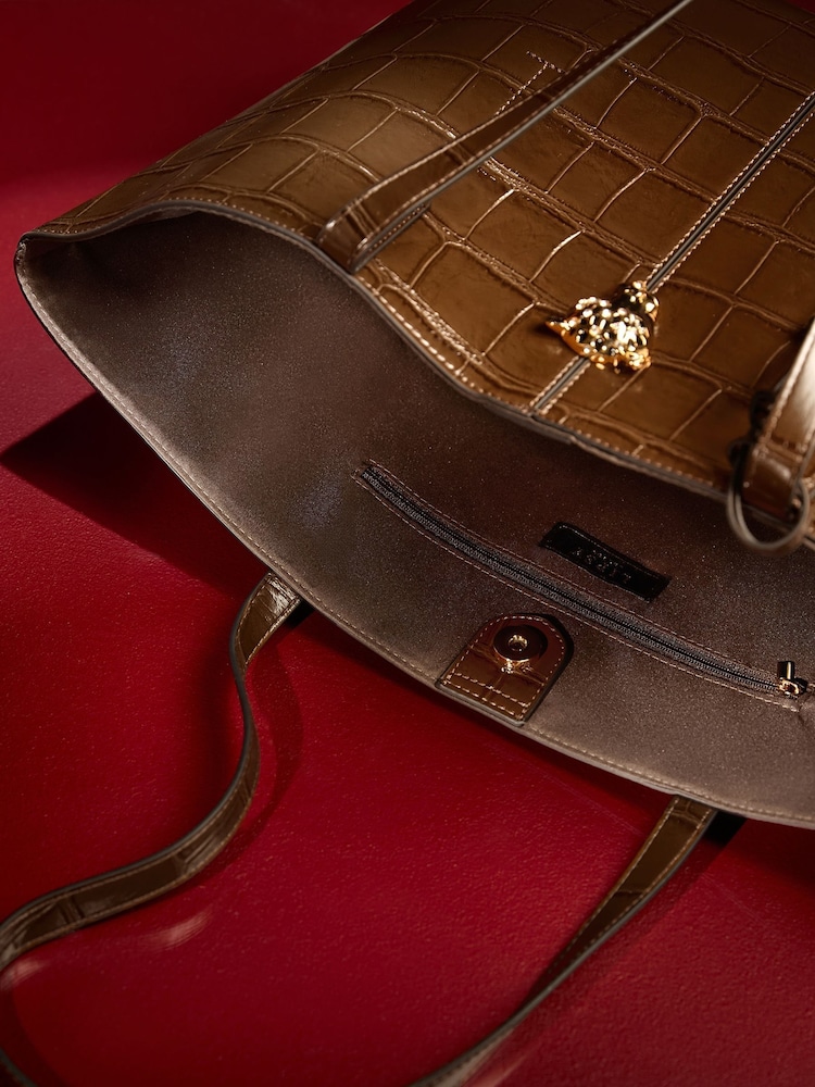 Lipsy Chocolate Brown Croc Effect Shopper Tote Bag - Image 2 of 5