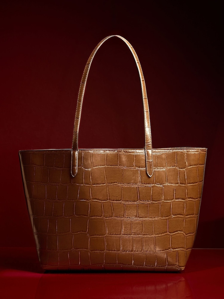 Lipsy Chocolate Brown Croc Effect Shopper Tote Bag - Image 5 of 5