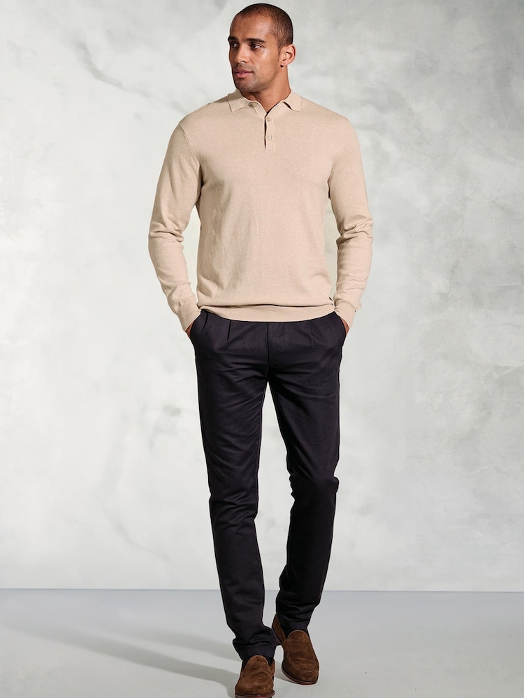 Brook Taverner Natural 12gg Knited Long Sleeve 100% Cotton Polo Shirt - Image 1 of 3