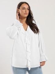 Yours Curve White 100% Cotton Ruffle Poet Blouse - Image 1 of 5