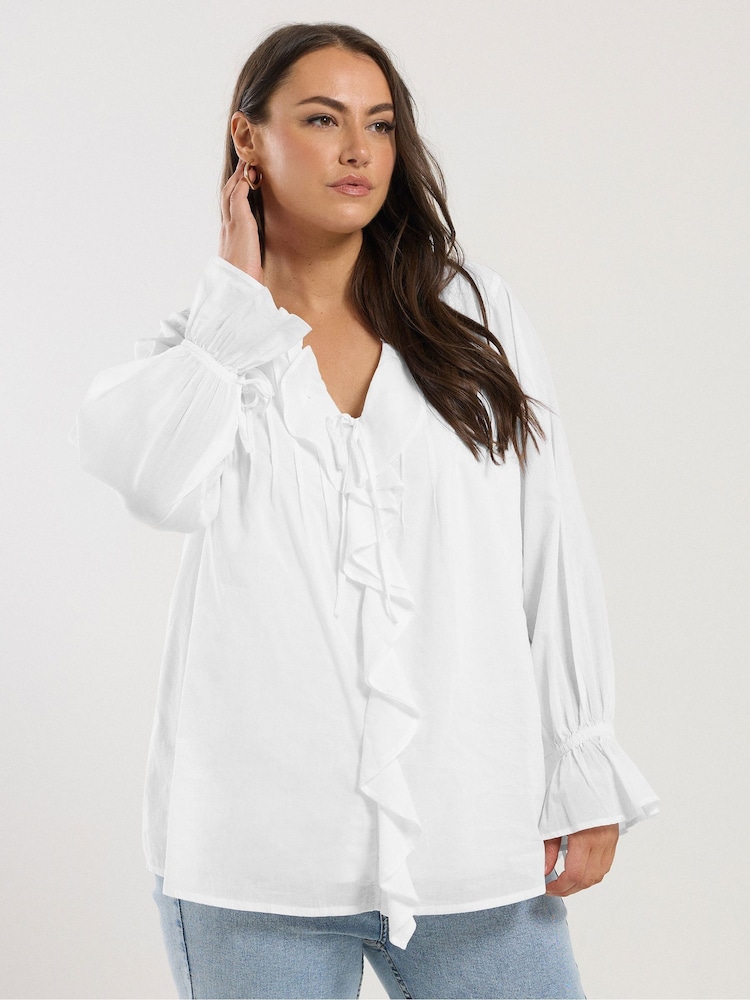 Yours Curve White 100% Cotton Ruffle Poet Blouse - Image 1 of 5