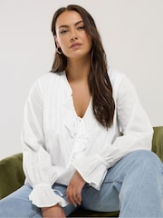 Yours Curve White 100% Cotton Ruffle Poet Blouse - Image 2 of 5