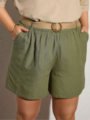 Yours Curve Green Belted Linen Shorts - Image 4 of 5